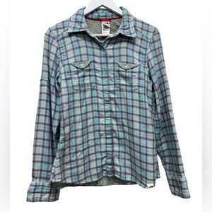 The North Face Women’s Green and Purple Plaid Button up Shirt Top Long Sleeve M